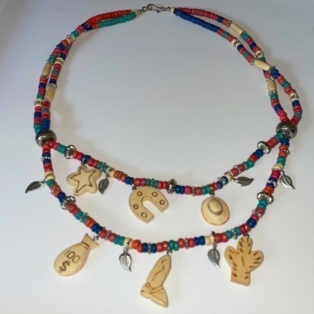 Vintage Country Western Motif Wooden Bead & Silver Tone Boho Country Necklace